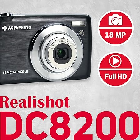 AGFA Photo Realishot DC8200 - Kompaktkamera, 18MP, Full HD Video, 2,7'' LCD-Bildschirm, 8-facher optischer Zoom, Lithium-Batterie und 16GB SD-Karte - Schwarz AGFA Photo Realishot DC8200 - Kompaktkamera, 18MP, Full HD Video, 2,7'' LCD-Bildschirm, 8-facher optischer Zoom, Lithium-Batterie und 16GB SD-Karte - Schwarz