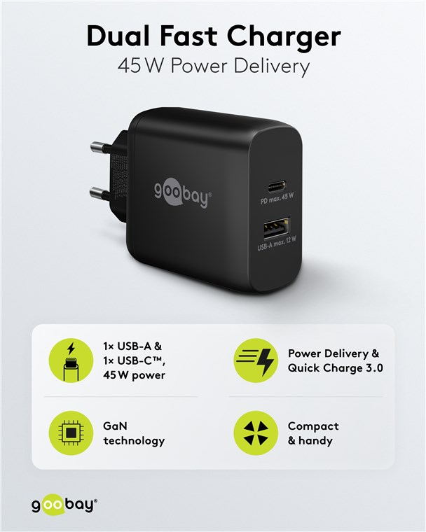 USB-C™ PD GaN Dual-Schnellladegerät (45 W) schwarz USB-C™ PD GaN Dual-Schnellladegerät (45 W) schwarz