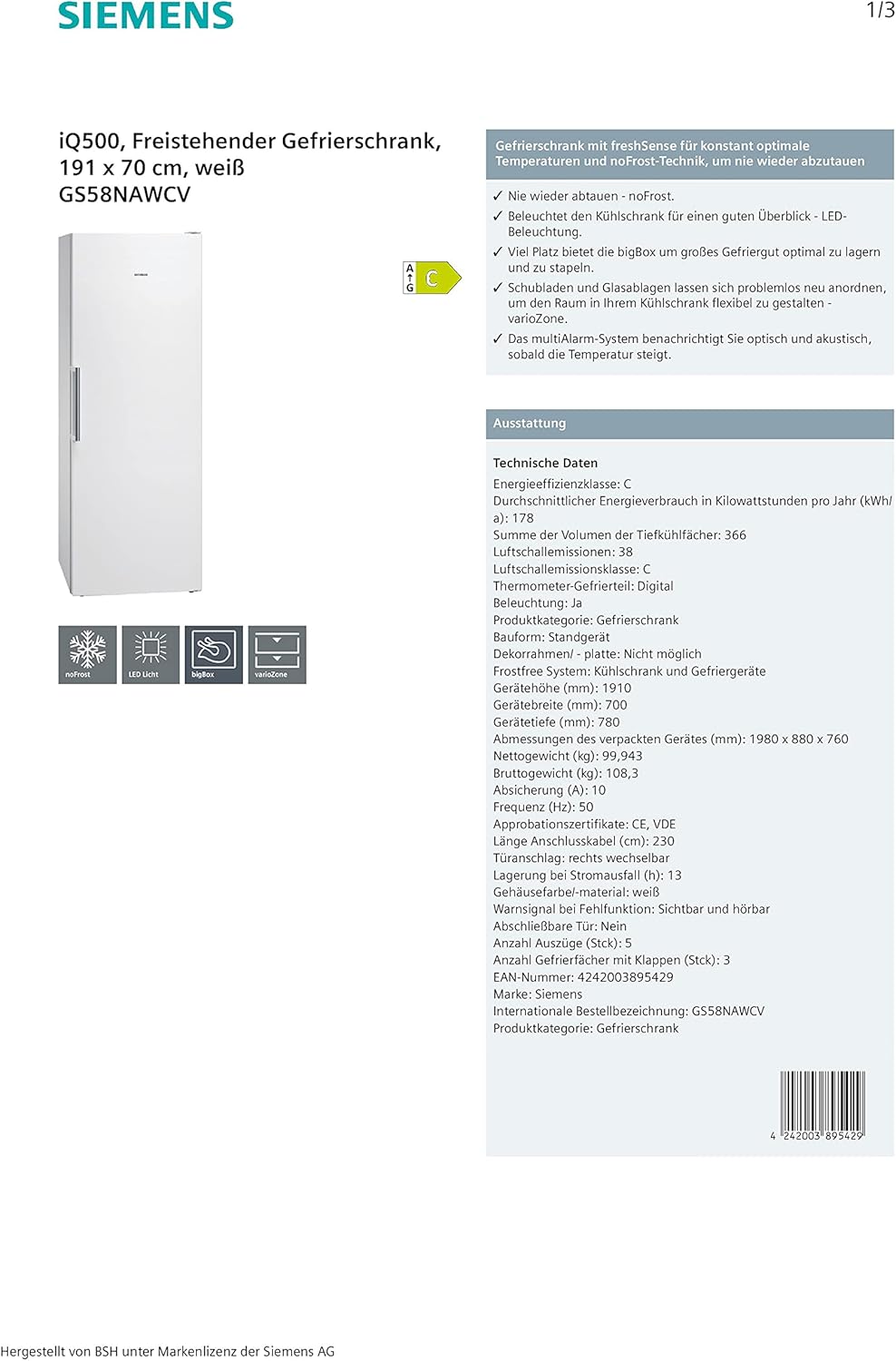 Siemens iQ500 GS58NAWCV - Gefrierschrank - Gefrierschrank Siemens iQ500 GS58NAWCV - Gefrierschrank - Gefrierschrank