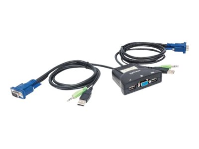 Manhattan KVM Switch Mini 2-Port, 2x USB-A, Cables included, Audio Support, Control 2x computers from one pc/mouse/screen, Black, Lifetime Warranty, Boxed