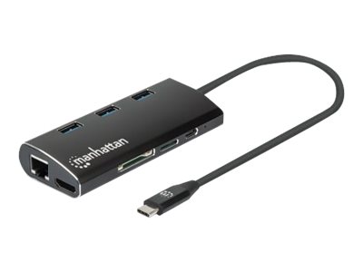 Manhattan USB 3.2 Gen 1 USB-C Multiport-Adapter, USB-C-Stecker auf HDMI-Buchse (4K@30Hz), drei USB-A-Ports auf der Oberseite, USB-C Power Delivery-Port (PD 3.0), Gigabit RJ45-Port und SD/MicroSD Card Reader, Aluminium, schwarz