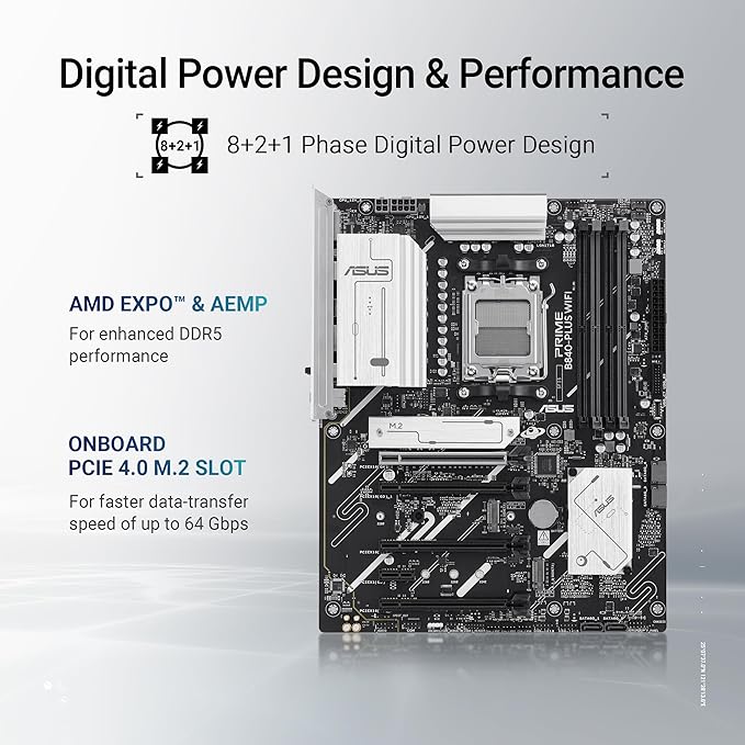 ASUS PRIME B840-PLUS WIFI - Motherboard - ATX - Socket AM5 - AMD B840 Chipsatz - USB-C 3.2 Gen 1, USB 3.2 Gen 1 - 2.5 Gigabit LAN, Bluetooth, Wi-Fi 6E - Onboard-Grafik (CPU erforderlich) ASUS PRIME B840-PLUS WIFI - Motherboard - ATX - Socket AM5 - AMD B840 Chipsatz - USB-C 3.2 Gen 1, USB 3.2 Gen 1 - 2.5 Gigabit LAN, Bluetooth, Wi-Fi 6E - Onboard-Grafik (CPU erforderlich)