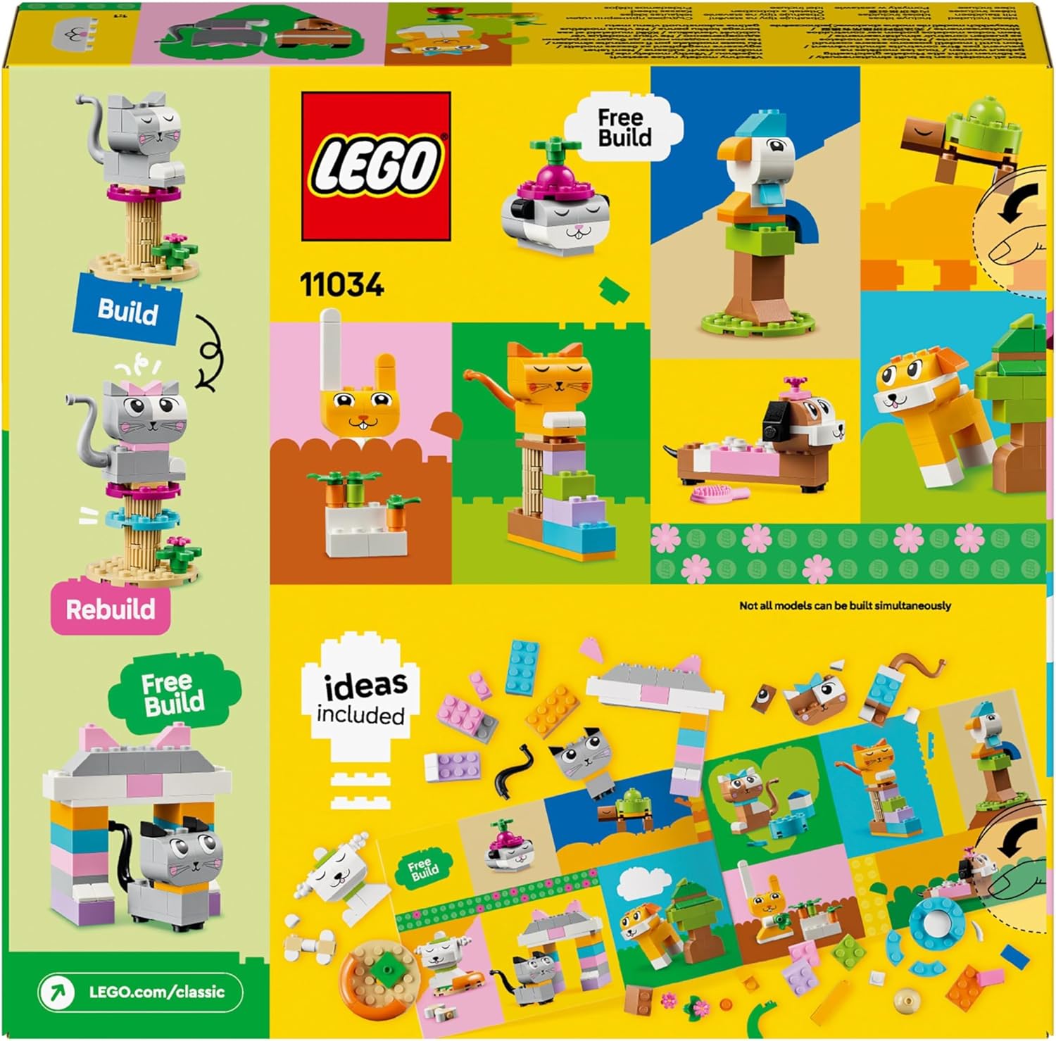 LEGO Classic Kreative Tiere, Box mit bunten Steinen, Baue Spielzeug-Tierfiguren aus Bausteinen wie Hund, Katze, Hase, Hamster und Vogel, Konstruktionsspielzeug für Jungs und Mädchen ab 5 Jahren 11034