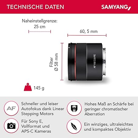 Samyang AF 18 mm F2.8 FE (Tiny but Super Wide) – Autofokus Vollformat und APS-C Festbrennweite Objektiv Sony E E-Mount für Sony Alpha A9 A7 A7C II A7C R A6600 A6500 A6400 A6300 A6000 A5100 A5000