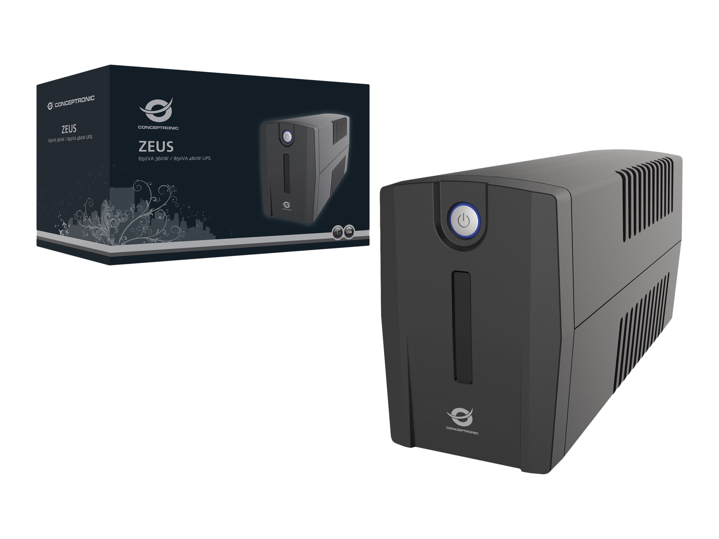 Conceptronic ZEUS02ES Unterbrechungsfreie Stromversorgung (USV) Line-Interaktiv 0,85 kVA 480 W 2 AC-Ausgänge