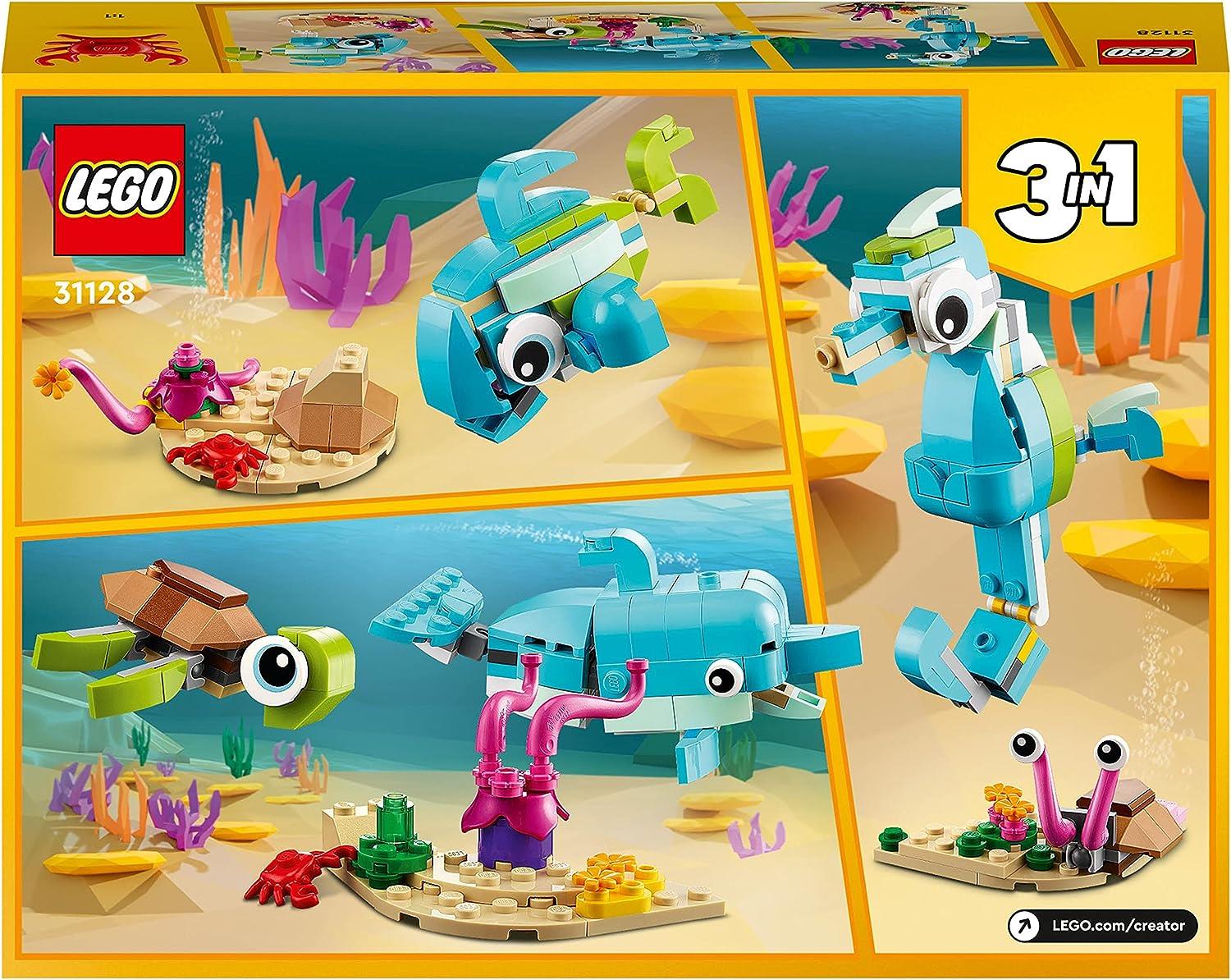 LEGO 31128 Creator 3-in-1 Delfin und Schildkröte, Seepferdchen, Fisch, Meerestieren-Figuren, Spielzeug zum Bauen