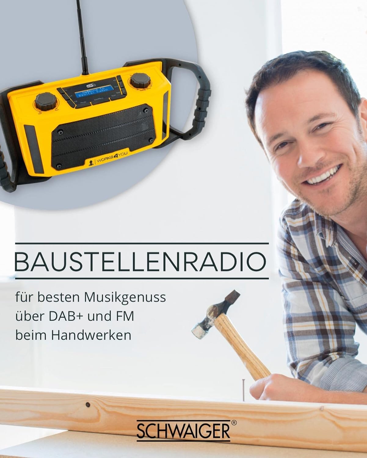 SCHWAIGER DABWORK 513 Baustellen-Radio Werkstattradio Robustes Radio Digitalradio DAB+ FM AUX Wecker IPX4 LCD-Display Senderspeicher schwarz gelb SCHWAIGER DABWORK 513 Baustellen-Radio Werkstattradio Robustes Radio Digitalradio DAB+ FM AUX Wecker IPX4 LCD-Display Senderspeicher schwarz gelb
