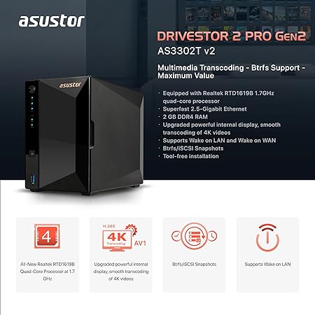 Asustor DRIVESTOR 2 Pro Gen2 AS3302T v2 NAS Realtek RTD1619B 2 GB DDR4 ADM Schwarz