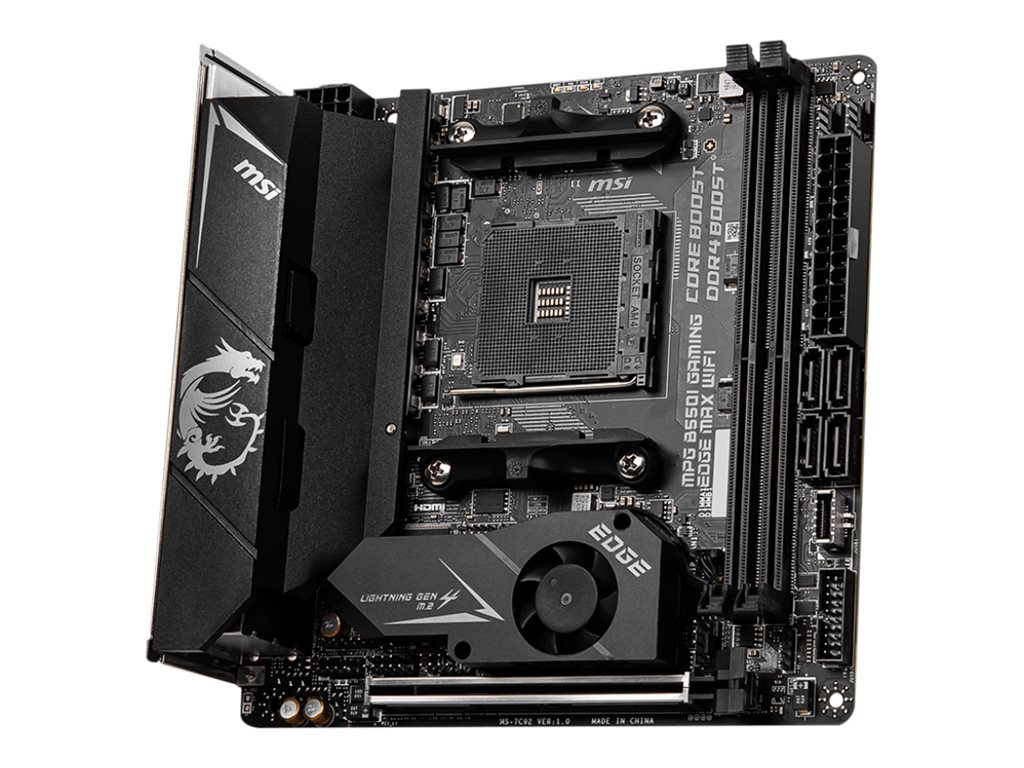 MSI MPG B550I GAMING EDGE MAX WIFI - Motherboard - Mini-ITX - Socket AM4 - AMD B550 Chipsatz - USB-C Gen2, USB-C Gen1, USB 3.2 Gen 1, USB 3.2 Gen 2 - 2.5 Gigabit LAN, Wi-Fi, Bluetooth - Onboard-Grafik (CPU erforderlich) MSI MPG B550I GAMING EDGE MAX WIFI - Motherboard - Mini-ITX - Socket AM4 - AMD B550 Chipsatz - USB-C Gen2, USB-C Gen1, USB 3.2 Gen 1, USB 3.2 Gen 2 - 2.5 Gigabit LAN, Wi-Fi, Bluetooth - Onboard-Grafik (CPU erforderlich)