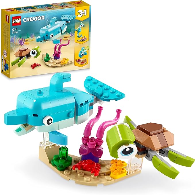 LEGO 31128 Creator 3-in-1 Delfin und Schildkröte, Seepferdchen, Fisch, Meerestieren-Figuren, Spielzeug zum Bauen
