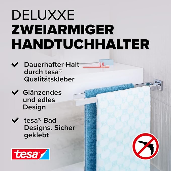 tesa Deluxxe Handtuchhalter 2-Arme inkl. Klebelösung silb