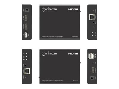 Manhattan 1080p HDMI KVM over IP Extender Kit, HDMI Extender by Single Cat5e/6 up to 120m, with IR and KVM, Black, Three Year Warranty, Retail Box
