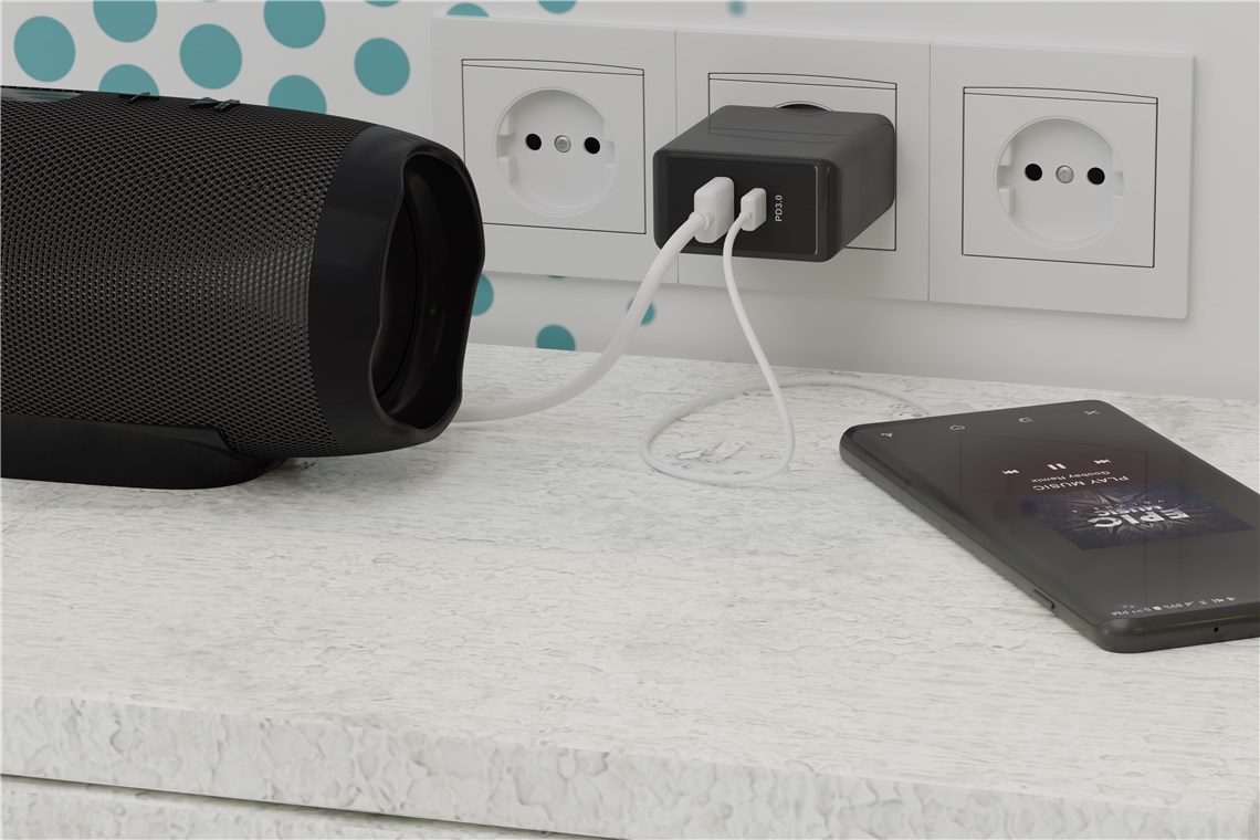 Dual USB-C™ PD (Power Delivery) Schnellladegerät (28 W), schwarz Dual USB-C™ PD (Power Delivery) Schnellladegerät (28 W), schwarz