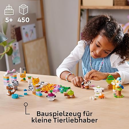 LEGO Classic Kreative Tiere, Box mit bunten Steinen, Baue Spielzeug-Tierfiguren aus Bausteinen wie Hund, Katze, Hase, Hamster und Vogel, Konstruktionsspielzeug für Jungs und Mädchen ab 5 Jahren 11034