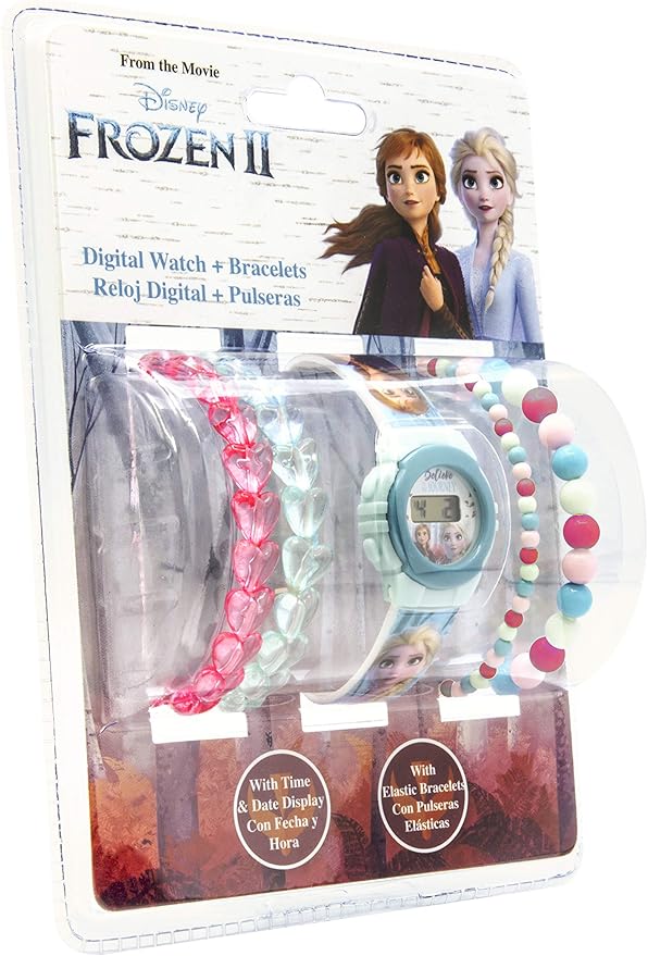 Disney Frozen 2 / Die Eiskönigin 2 - LCD Uhr mit 4 Perlenarmbändern