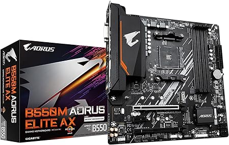 GIGABYTE B550M AORUS ELITE AX Mainboard – AMD Ryzen 5000 CPUs, 5+3 Phasen VRM, bis zu 4733 MHz DDR4, 1xPCIe 4.0 + 1xPCIe 3.0 M.2, Wi-Fi 6E, 1GbE LAN, USB 3.2 Gen 1