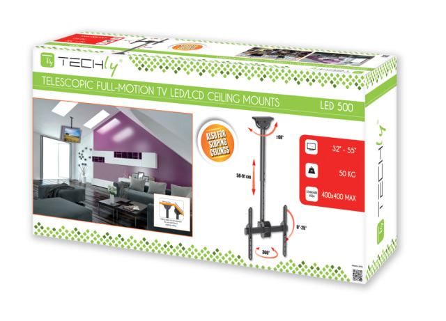 Techly Befestigungskit (Deckenmontage, Montageklammer, Teleskopstange) - für Flachbildschirm - Stahl - Schwarz - Bildschirmgröße: 81.3-139.7 cm (32"-55")