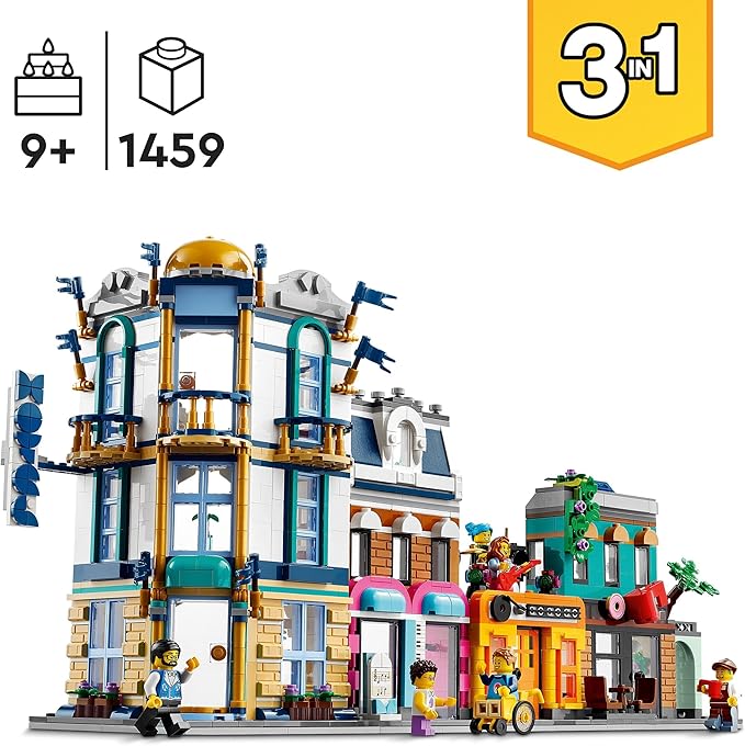 LEGO Creator 3-in-1 Hauptstraße zu Art-déco-Hochhaus oder Marktstraße Modellbau-Set, Konstruktionsspielzeug mit Hotel, Café, Wohnungen und Geschäften, kreativer Modellbausatz, Geschenkidee 31141