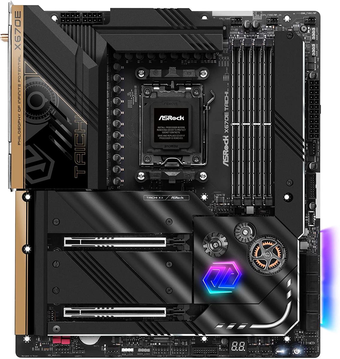 ASRock X670E Taichi - Motherboard - E-ATX - Socket AM5 - AMD X670E Chipsatz - USB 3.2 Gen 1, USB 3.2 Gen 2, USB4, USB-C 3.2 Gen 2x2 - Bluetooth, 2.5 Gigabit LAN, Wi-Fi 6 - Onboard-Grafik (CPU erforderlich)