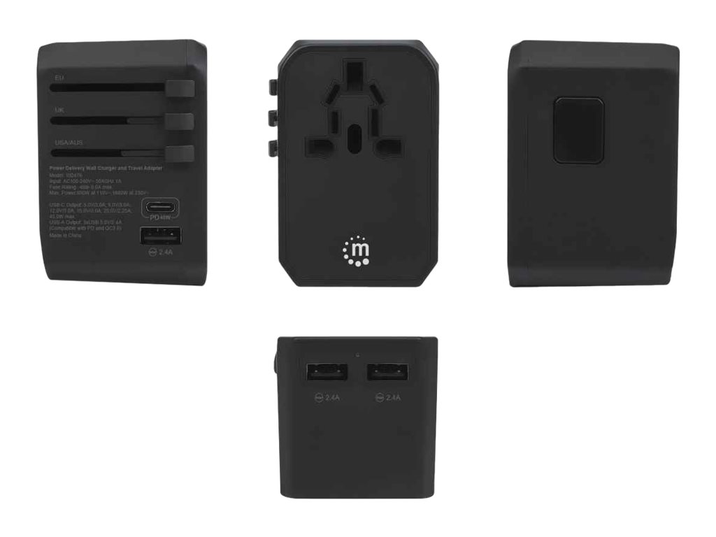 Manhattan Wall/Power Travel Adapter, Wall Charger plus 1x USB-C and 3x USB-A Ports, For use with plugs from Europe, UK, USA and Australia (in over 210 countries)