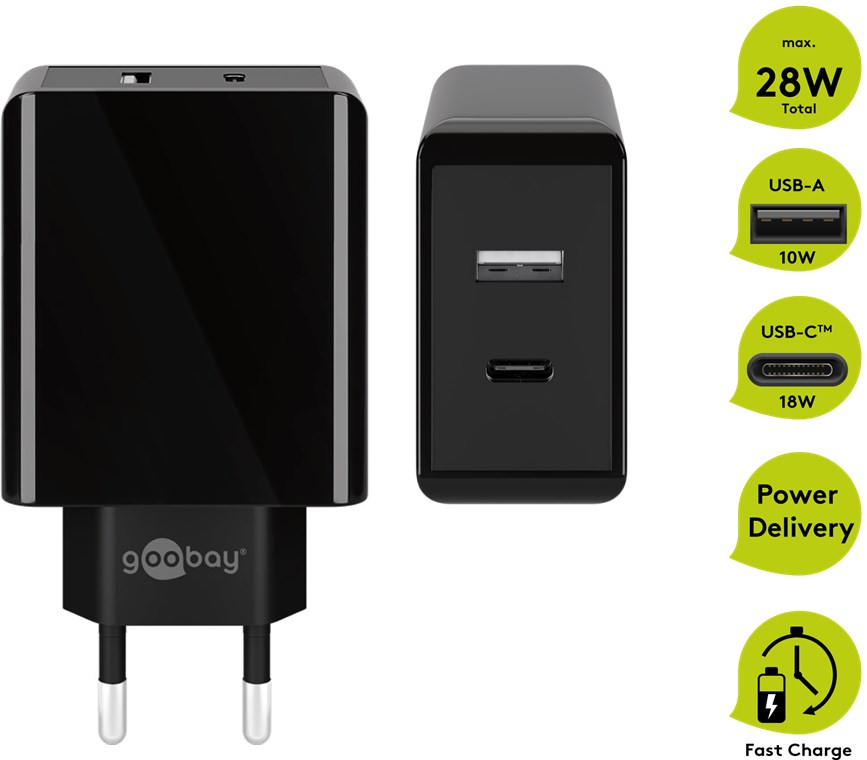 Dual USB-C™ PD (Power Delivery) Schnellladegerät (28 W), schwarz Dual USB-C™ PD (Power Delivery) Schnellladegerät (28 W), schwarz