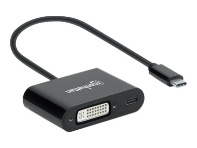Manhattan USB-C to DVI-I and USB-C (inc Power Delivery), 1080p@60Hz, 19.5cm, Black, Power Delivery to USB-C (60W)