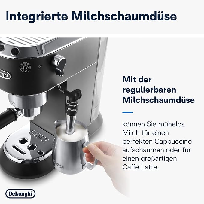 De'Longhi Dedica Style EC 685.B – Espresso Siebträgermaschine, Espressomaschine mit professionellem Milchaufschäumer, nur 15 cm breit, für Kaffeepulver oder ESE Pads, 1 l Wassertank, schwarz