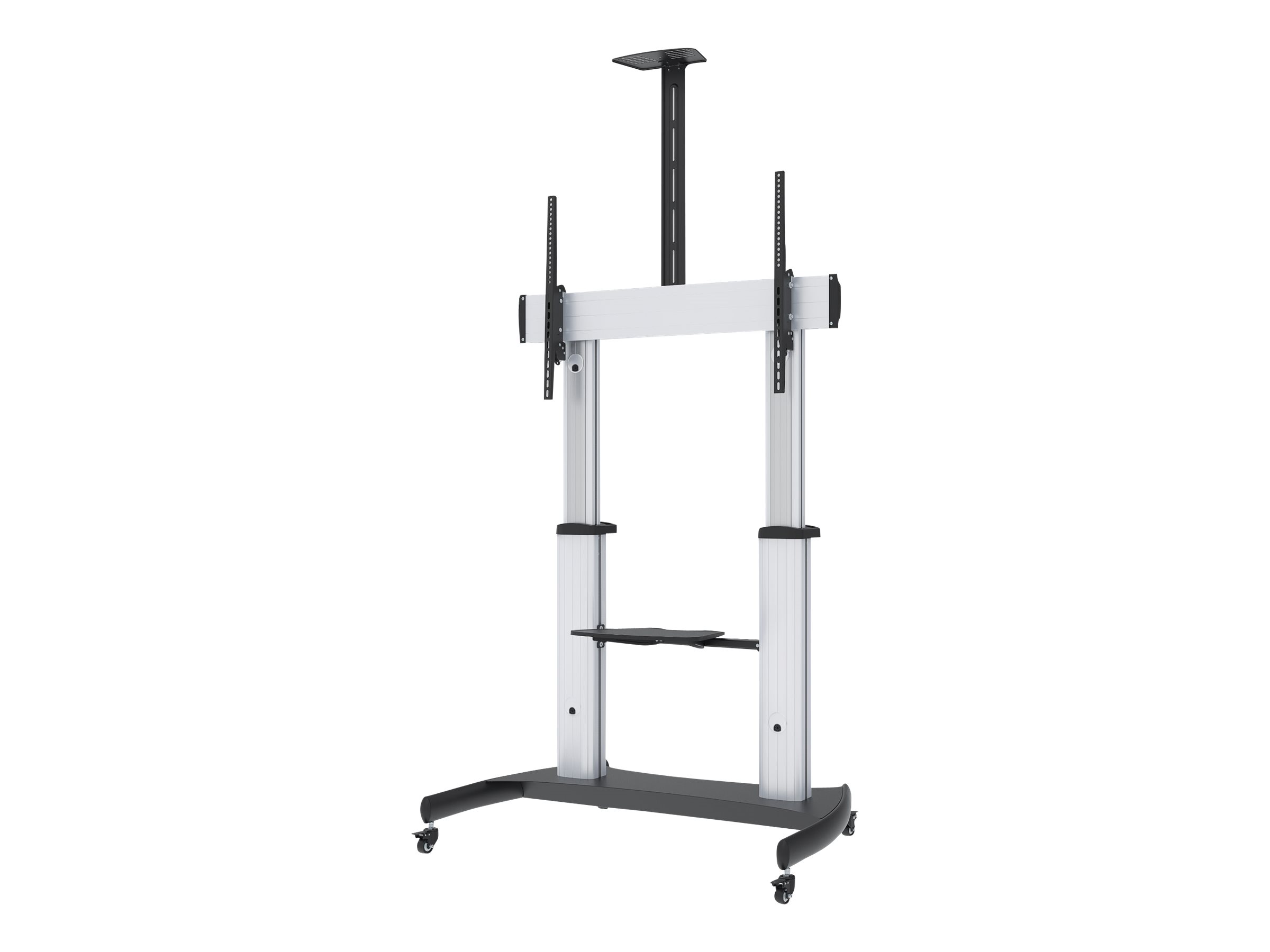 Manhattan Premium Multimedia TV-Ständer auf Rollen mit besonders hoher Traglast , Aluminiumkonstruktion, für Bildschirme von 60" bis 100" und bis zu 100 kg, -10 bis 5Â° neigbar, höhenverstellbar, Fachböden für Kamera und AV-Zubehör, silber und schwarz