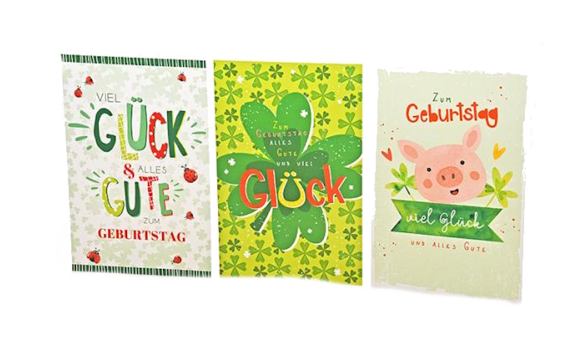 Geburtstagskarte Glück - 100 Stück - 3 Motive - 11,5 x 17,5 cm