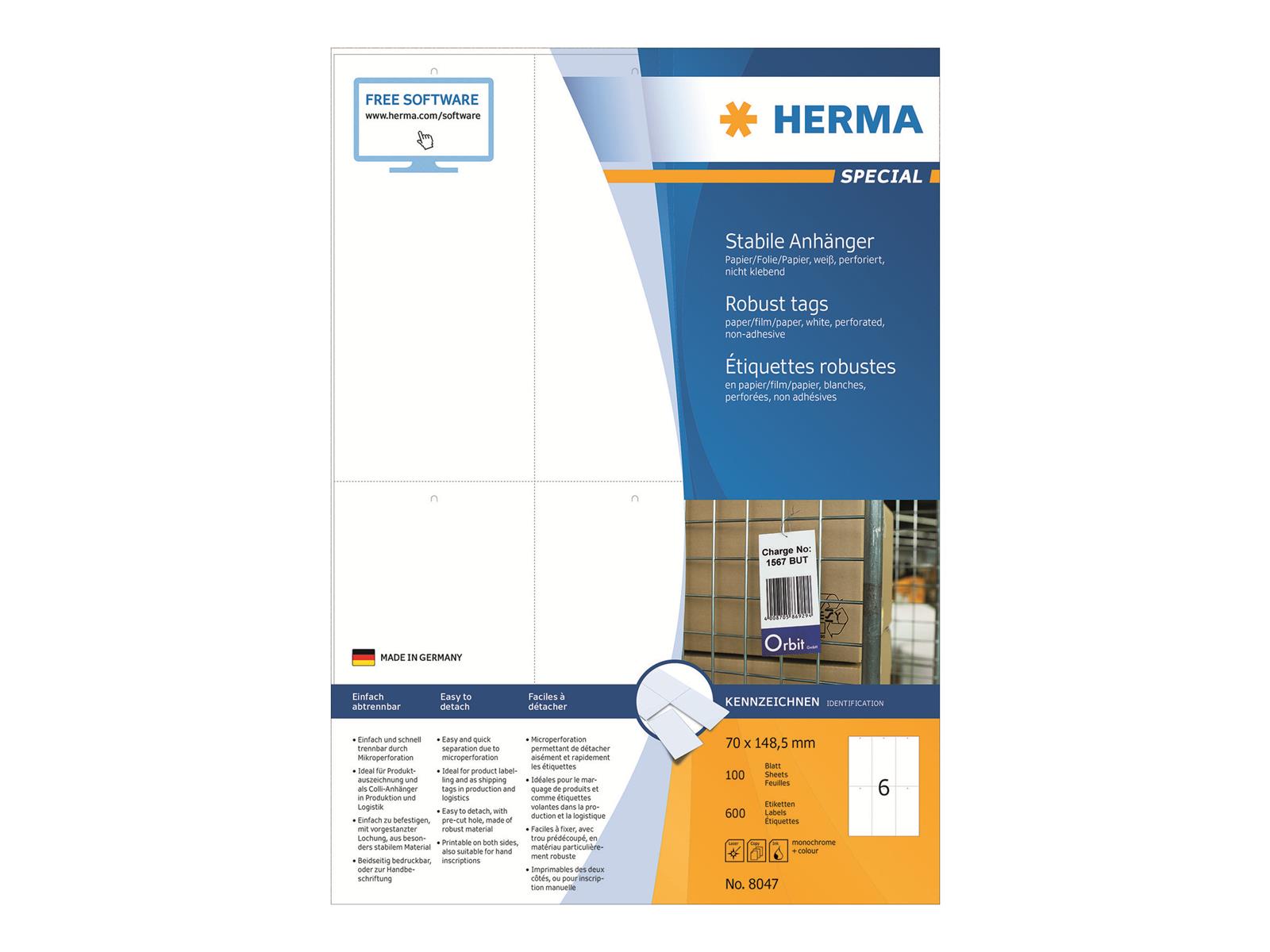 HERMA Special - Nicht klebend - perforiert - weiß - 70 x 148.5 mm 600 Etikett(en) (100 Bogen x 6) HERMA Special - Nicht klebend - perforiert - weiß - 70 x 148.5 mm 600 Etikett(en) (100 Bogen x 6)