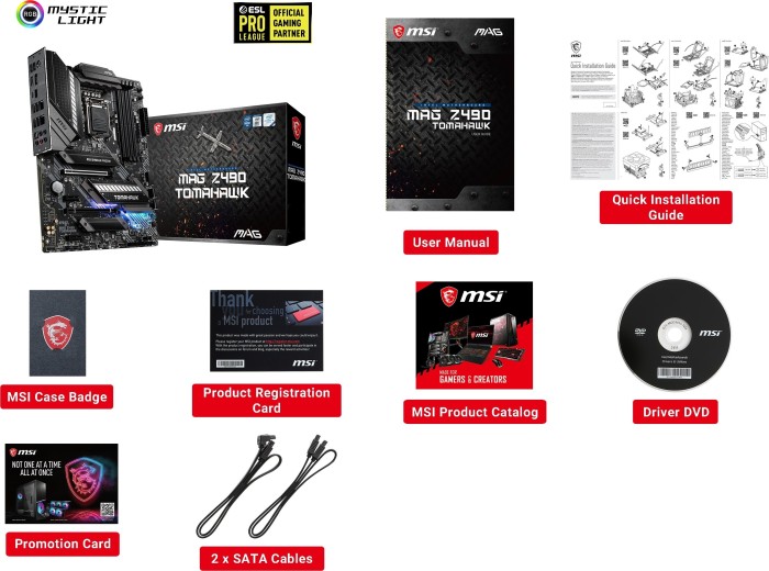 MSI MAG Z490 TOMAHAWK - Motherboard - ATX - LGA1200-Sockel - Z490 Chipsatz - USB-C Gen1, USB 3.2 Gen 1, USB 3.2 Gen 2, USB-C Gen 2x2 - Gigabit LAN, 2.5 Gigabit LAN - Onboard-Grafik (CPU erforderlich)