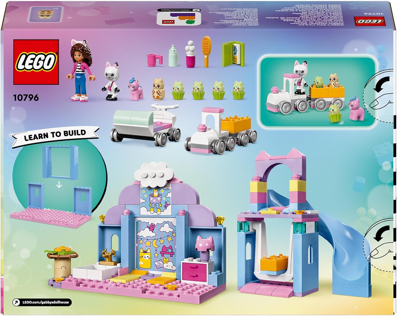 LEGO Gabby's Puppenhaus – Gabbys Katzenpflege Spielset – Kreatives Tier Spielzeug - Bauset mit Auto, Zug, Rutsche, Minifiguren & Zubehör – Kinder Geschenk für Mädchen ab 4 Jahren – 10796