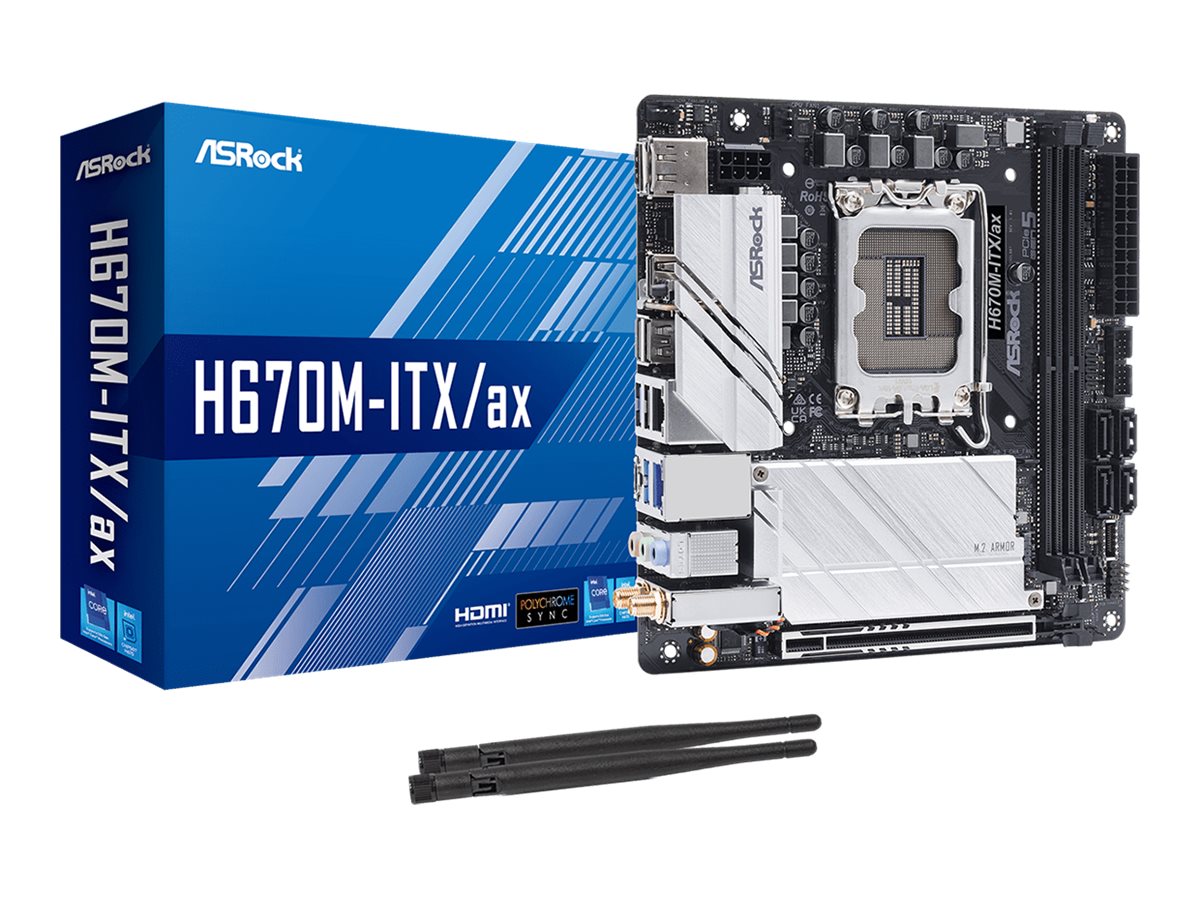 ASRock H670M-ITX/ax - Motherboard - Mini-ITX - LGA1700-Sockel - H670 Chipsatz - USB-C Gen1, USB 3.2 Gen 1, USB 3.2 Gen 2, USB-C Gen 2x2 - Bluetooth, Gigabit LAN, 2.5 Gigabit LAN, Wi-Fi - Onboard-Grafik (CPU erforderlich)