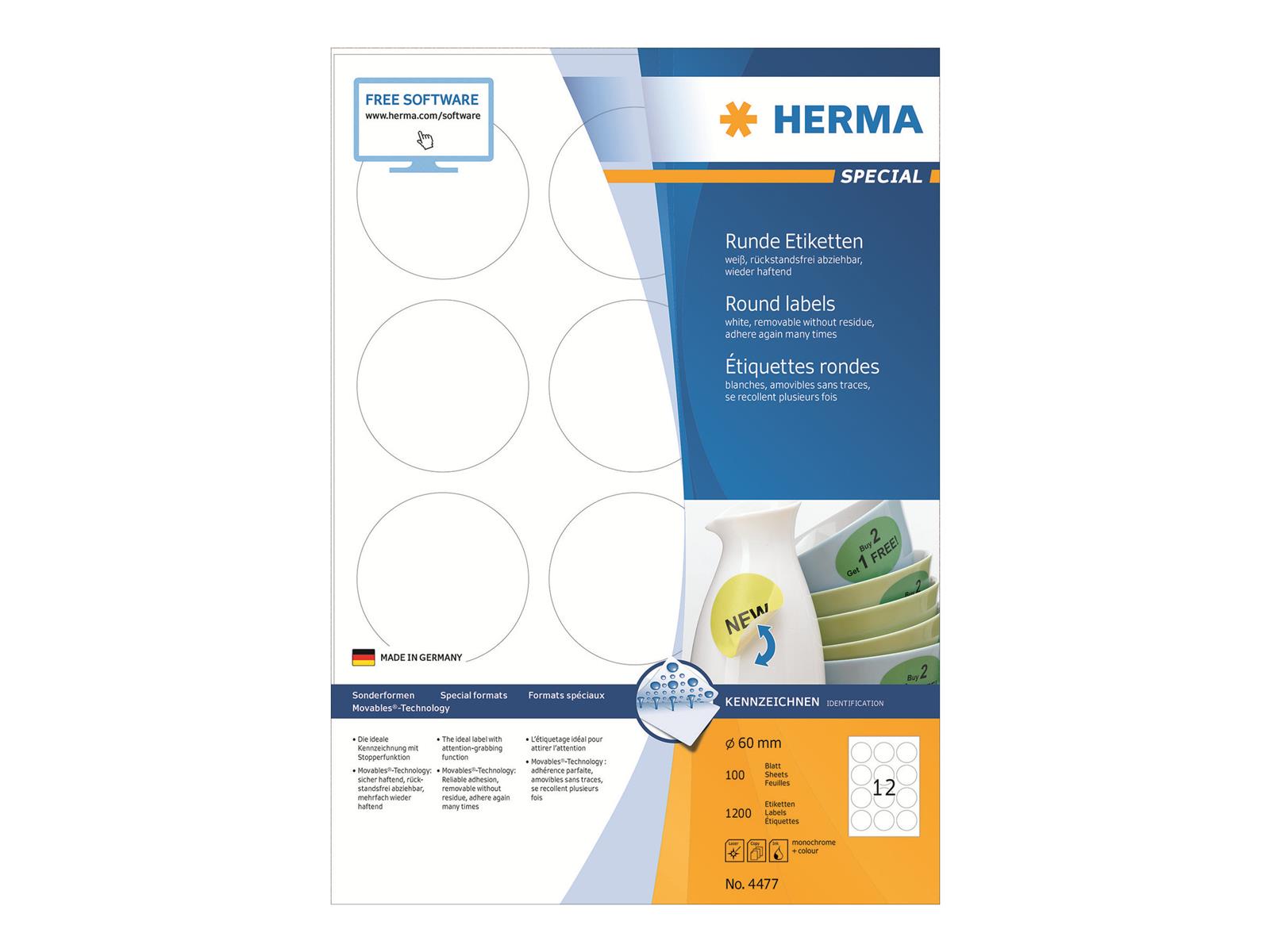 Herma Movables Etiketten rund 60 100 Blatt DIN A4 1200 Stück 4477