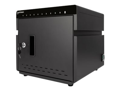 Manhattan 10-Port Ladeschrank 180 W, 10 USB-C PD-Ports, geräumige Fächer für Handys und Tablets, 180 W gesamt, bis zu 3 A/18 W pro Port, abschließbar, Überspannungsschutz, leiser Lüfter, Metallgehäuse, schwarz