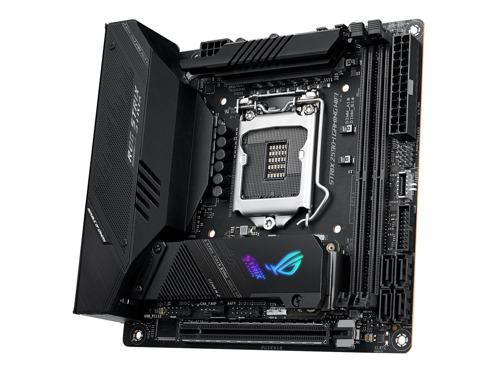 ASUS ROG STRIX Z590-I GAMING WIFI - Motherboard - Mini-ITX - LGA1200-Sockel - Z590 Chipsatz - USB-C Gen2, USB 3.2 Gen 1, USB 3.2 Gen 2, USB-C Gen 2x2 - 2.5 Gigabit LAN, Wi-Fi - Onboard-Grafik (CPU erforderlich) ASUS ROG STRIX Z590-I GAMING WIFI - Motherboard - Mini-ITX - LGA1200-Sockel - Z590 Chipsatz - USB-C Gen2, USB 3.2 Gen 1, USB 3.2 Gen 2, USB-C Gen 2x2 - 2.5 Gigabit LAN, Wi-Fi - Onboard-Grafik (CPU erforderlich)