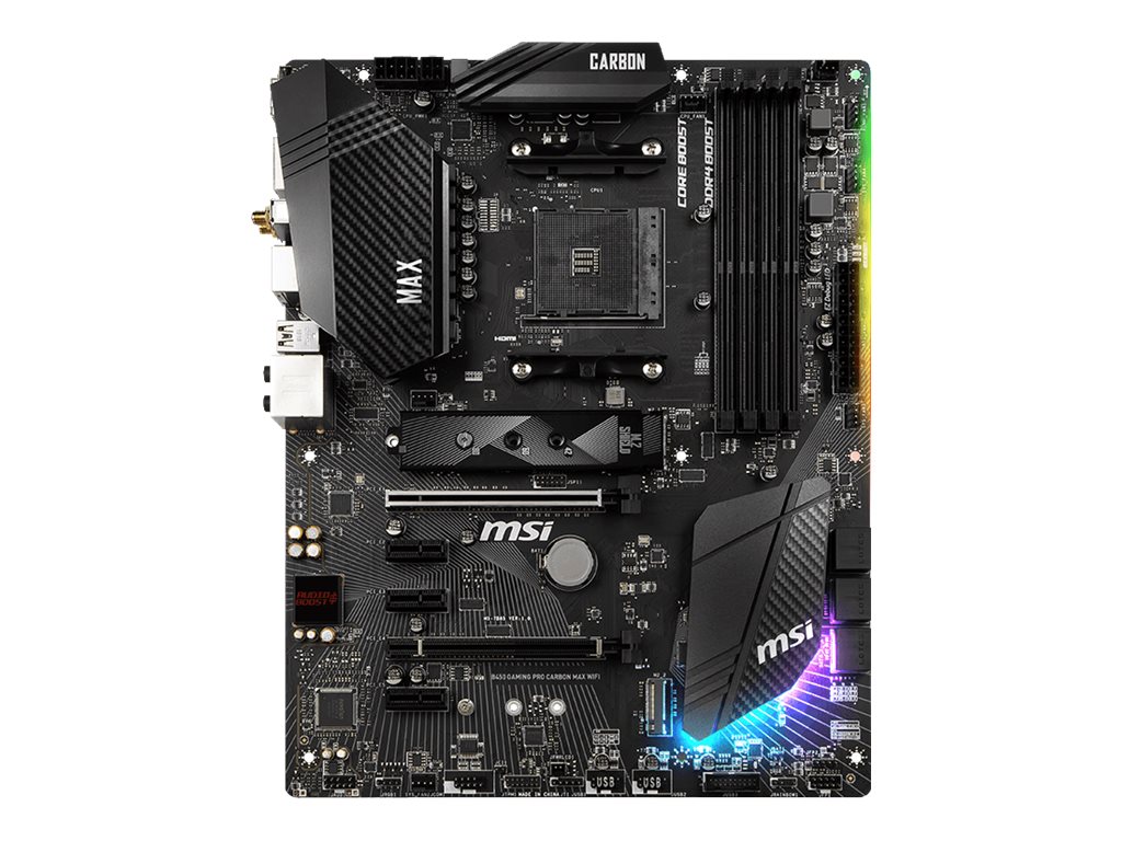 MSI B450 GAMING PRO CARBON MAX WIFI - Motherboard - ATX - Socket AM4 - AMD B450 Chipsatz - USB-C Gen2, USB 3.2 Gen 1, USB 3.2 Gen 2 - Bluetooth, Gigabit LAN, Wi-Fi - Onboard-Grafik (CPU erforderlich) MSI B450 GAMING PRO CARBON MAX WIFI - Motherboard - ATX - Socket AM4 - AMD B450 Chipsatz - USB-C Gen2, USB 3.2 Gen 1, USB 3.2 Gen 2 - Bluetooth, Gigabit LAN, Wi-Fi - Onboard-Grafik (CPU erforderlich)