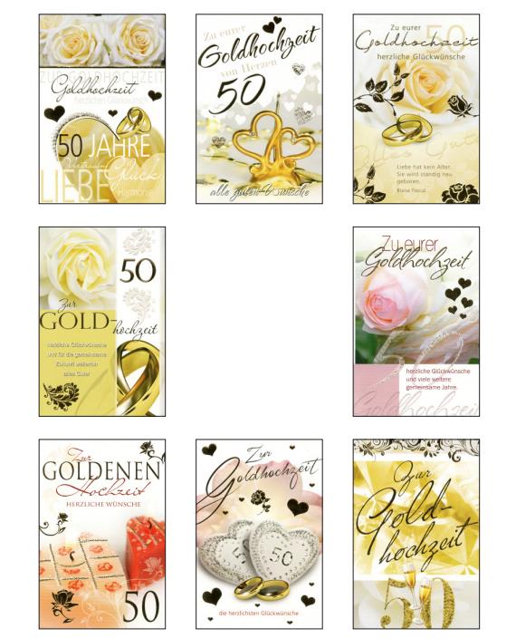 Goldhochzeitskarten - 100 Stück - 8 Motive