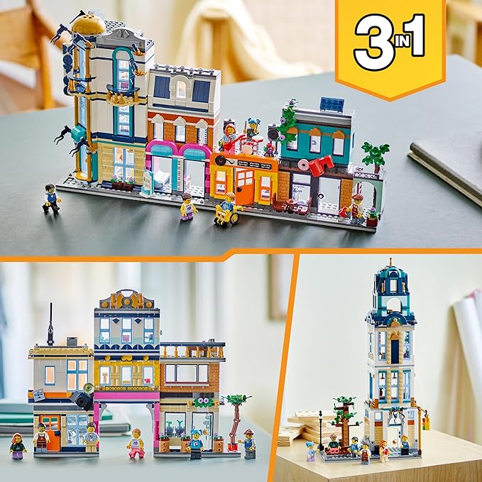 LEGO Creator 3-in-1 Hauptstraße zu Art-déco-Hochhaus oder Marktstraße Modellbau-Set, Konstruktionsspielzeug mit Hotel, Café, Wohnungen und Geschäften, kreativer Modellbausatz, Geschenkidee 31141