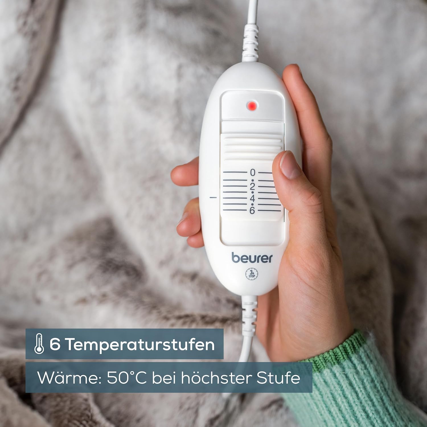 Beurer HD 75 Nordic Heizdecke, kuschelige Wärmedecke in Felloptik, 6 Temperaturstufen, maschinenwaschbar, mit Abschaltautomatik, beige / braun, 180 x 130 cm