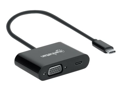 Manhattan USB-C auf VGA-Konverter mit Power Delivery-Ladeport, 1080p-Auflösung, Power Delivery-Port mit bis zu 60 W (3 A/20 V), schwarz