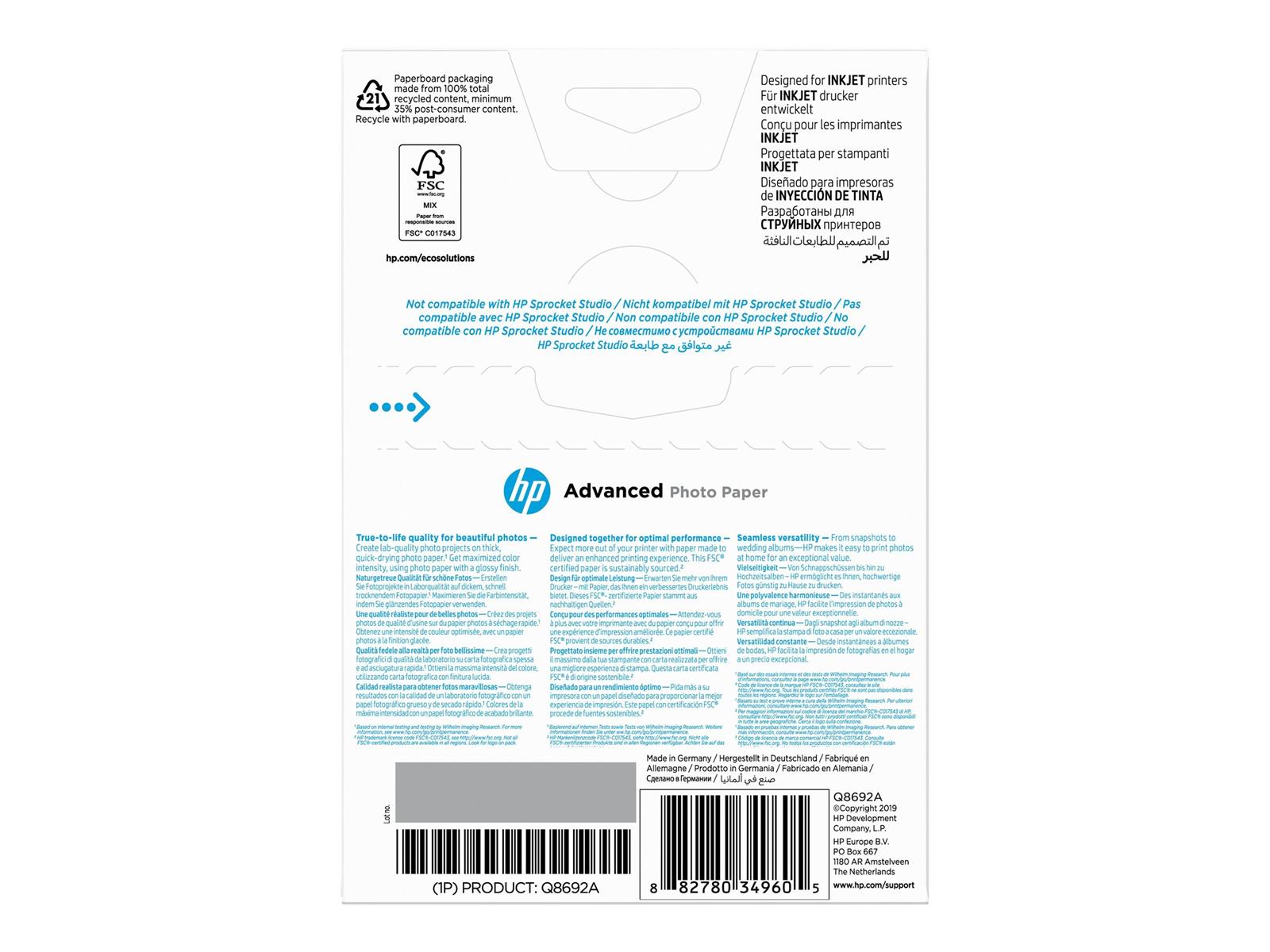 HP Advanced Fotopapier glänzend, 250 g/m2, 10 x 15 cm (101 x 152 mm), 100 Blatt