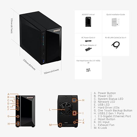 Asustor DRIVESTOR 2 Pro Gen2 AS3302T v2 NAS Realtek RTD1619B 2 GB DDR4 ADM Schwarz