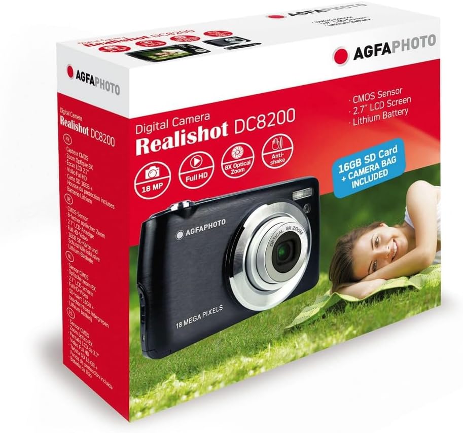 AGFA Photo Realishot DC8200 - Kompaktkamera, 18MP, Full HD Video, 2,7'' LCD-Bildschirm, 8-facher optischer Zoom, Lithium-Batterie und 16GB SD-Karte - Schwarz AGFA Photo Realishot DC8200 - Kompaktkamera, 18MP, Full HD Video, 2,7'' LCD-Bildschirm, 8-facher optischer Zoom, Lithium-Batterie und 16GB SD-Karte - Schwarz
