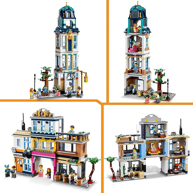 LEGO Creator 3-in-1 Hauptstraße zu Art-déco-Hochhaus oder Marktstraße Modellbau-Set, Konstruktionsspielzeug mit Hotel, Café, Wohnungen und Geschäften, kreativer Modellbausatz, Geschenkidee 31141