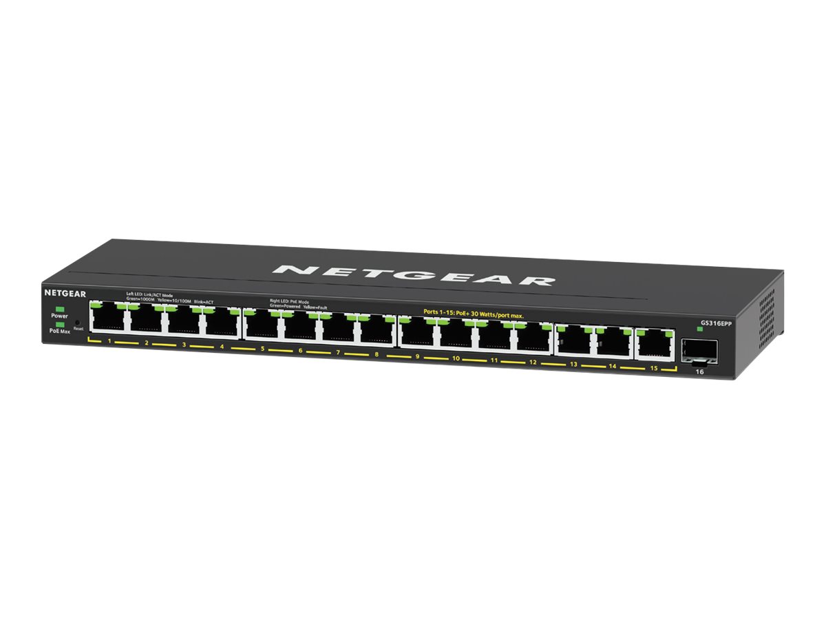 NETGEAR 16-Port High-Power PoE+ Gigabit Ethernet Plus Switch (231W) with 1 SFP port (GS316EPP) Managed Gigabit Ethernet (10/100/1000) Power over Ethernet (PoE) Schwarz