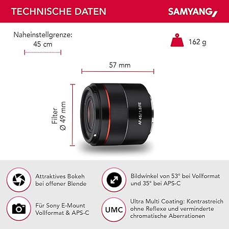 Samyang AF 45 mm F1.8 für Sony FE (Tiny but Premium) - Vollformat und APS-C Festbrennweite Autofokus Objektiv Sony E FE E-Mount für Sony A9 A7 A7C II A7C R A6600 A6500 A6400 A6300 A6000 A5100 A5000