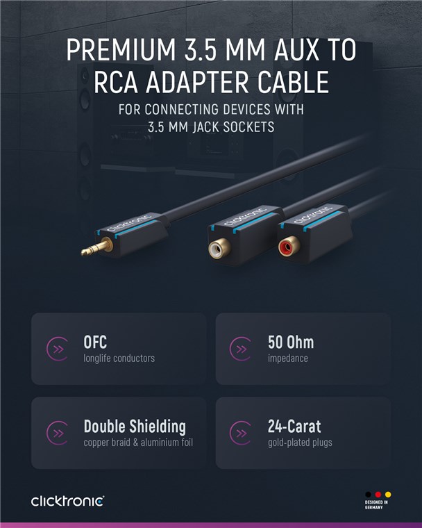 3,5-mm-AUX-auf-Cinch-Adapterkabel, stereo 3,5-mm-AUX-auf-Cinch-Adapterkabel, stereo