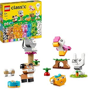 LEGO Classic Kreative Tiere, Box mit bunten Steinen, Baue Spielzeug-Tierfiguren aus Bausteinen wie Hund, Katze, Hase, Hamster und Vogel, Konstruktionsspielzeug für Jungs und Mädchen ab 5 Jahren 11034