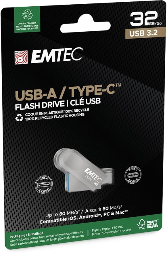 Emtec D280 Dual USB-Stick 32 GB USB Type-A / USB Type-C 3.2 Gen 1 (3.1 Gen 1) Silber Emtec D280 Dual USB-Stick 32 GB USB Type-A / USB Type-C 3.2 Gen 1 (3.1 Gen 1) Silber